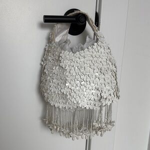 White Floral Sequin Fringe Handbag